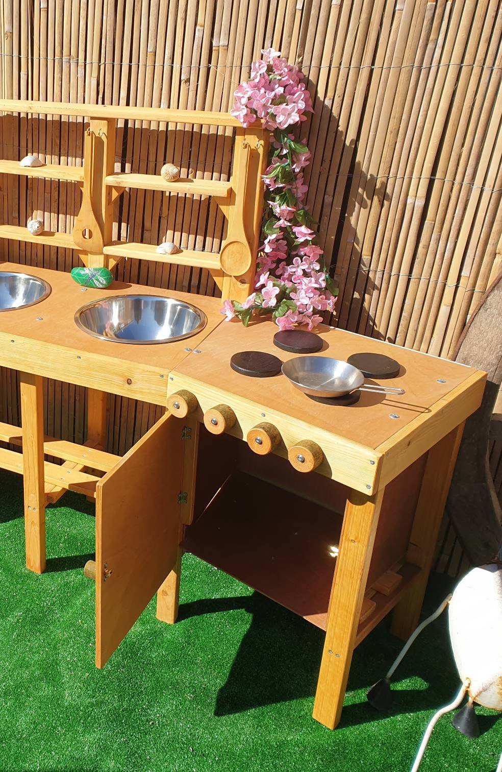 XXL Mud kitchen with 3 bowls, 2 ovens, and 8 utensil hooks.