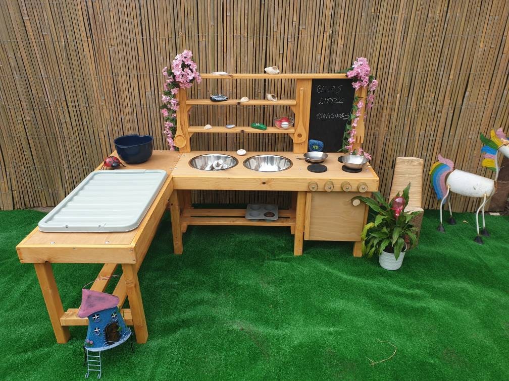 L shape twin bowl mud kitchen with water/sand table.