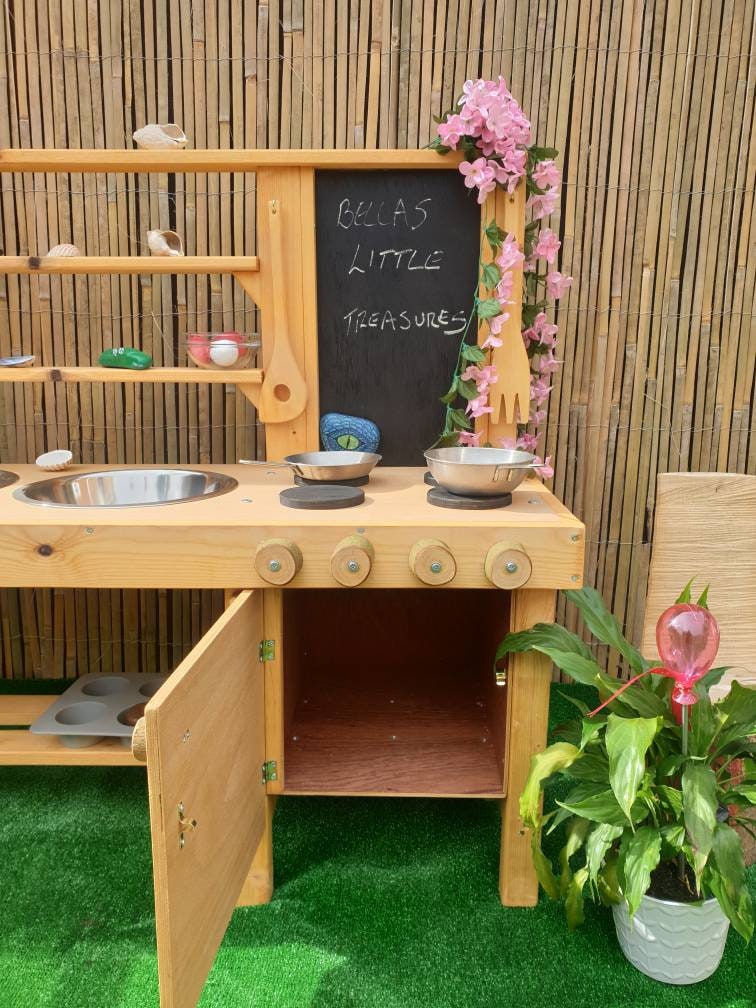 L shape twin bowl mud kitchen with water/sand table.
