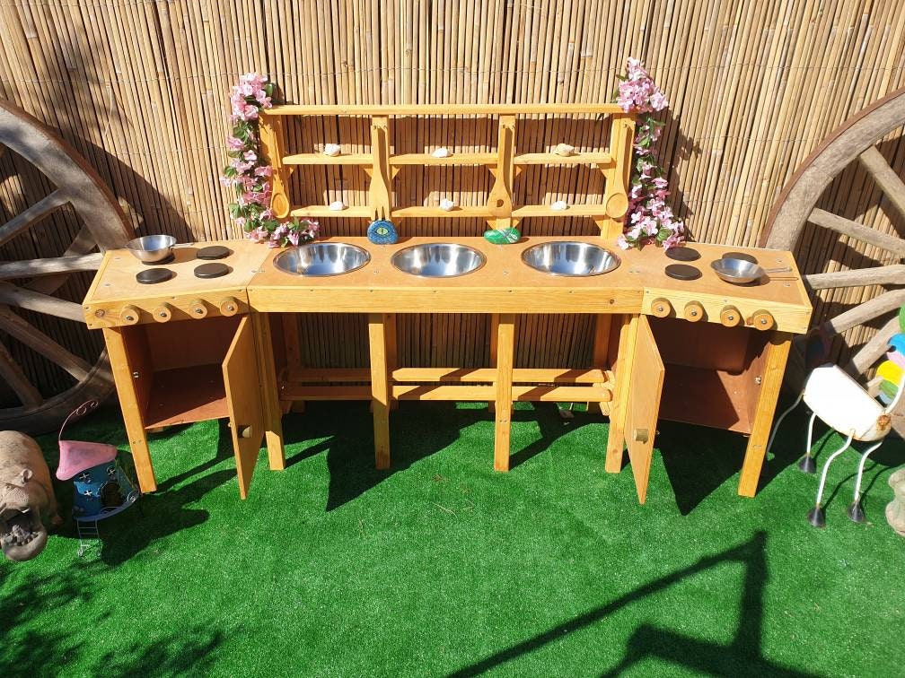 XXL Mud kitchen with 3 bowls, 2 ovens, and 8 utensil hooks.