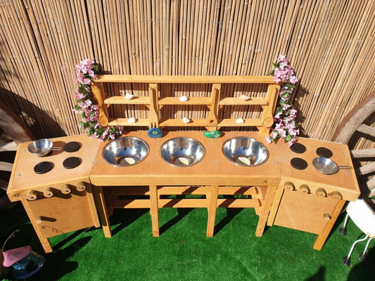 XXL Mud kitchen with 3 bowls, 2 ovens, and 8 utensil hooks.