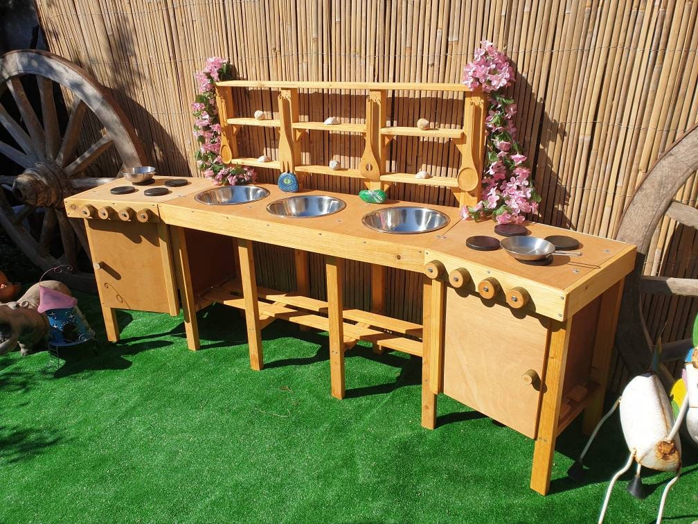 XXL Mud kitchen with 3 bowls, 2 ovens, and 8 utensil hooks.